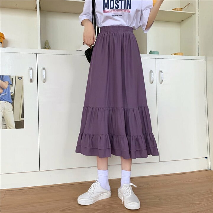 楽天市場】ハイウエスト Aライン フリル スカート ロング丈 ミモレ丈 