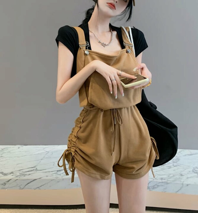 楽天市場】オーバーオール ワイドレッグ ショートパンツ サスペンダー 