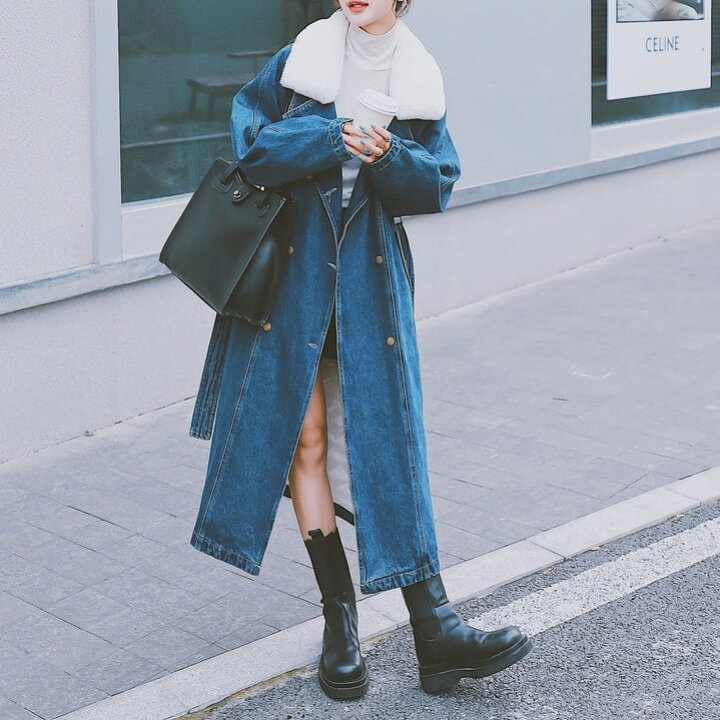 楽天市場】コート アウター ロング モノトーン ハイネック デニム ボア  