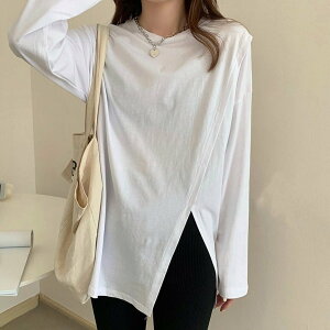 トップス 薄手 長袖 袖あり ロング丈 Tシャツ ロンT サイドスリット 白 ホワイト 無地 シンプル カジュアル 大人 スポーティー クルーネック ストリート おしゃれ オシャレ お洒落 韓国