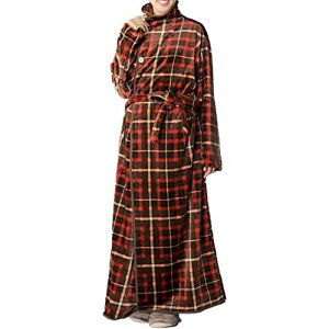 アイリスプラザ fondan 着る毛布 ポケット・ベルト付 特製BOX入り Mサイズ 着丈150cm チェック柄 ブラウン×レッド 静電気防止 洗える フランネルマイクロファイバー 部屋着 ク リスマス ギフト