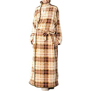 アイリスプラザ fondan 着る毛布 ポケット・ベルト付 特製BOX入り Mサイズ 着丈150cm チェック柄 ベージュ×ブラウン 静電気防止 洗える フランネルマイクロファイバー 部屋着 クリ スマス ギフ