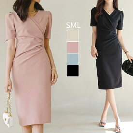 ワンピース 結婚式 夏 シャーリング 袖有り パーティー 膝丈 お呼ばれ 二次会 春 秋