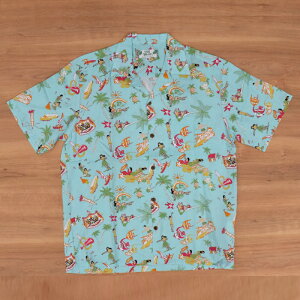 TWO PALMS(�c�[ �p�[���X) �yMADE IN HAWAI�zRAYON ALOHA SHIRTS(�n���C�� ���[���� �A���n�V���c) VINTAGE ALOHA AQUA