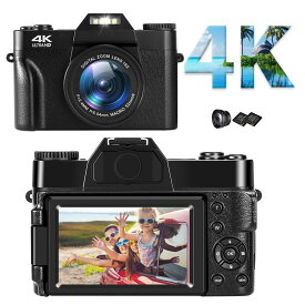 4Kデジタルカメラ デジカメ YouTubeカメラ ウェブカメラ 4800万画素数 AF機能付き16倍デジタルズーム 反転スクリーン スクリーンマークキャンセル可 フィルライト HDMI出力 広角レンズ＆バッテリー2個 128GBマイクロSDカード対応（別売り）
