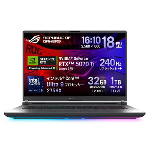 ASUSQ[~Om[gPCROGStrixG18G815LR18C`RTX5070TiCoreUltra9275HX32GBSSD1TBtbV[g240HzRGBC~l[gL[{[h