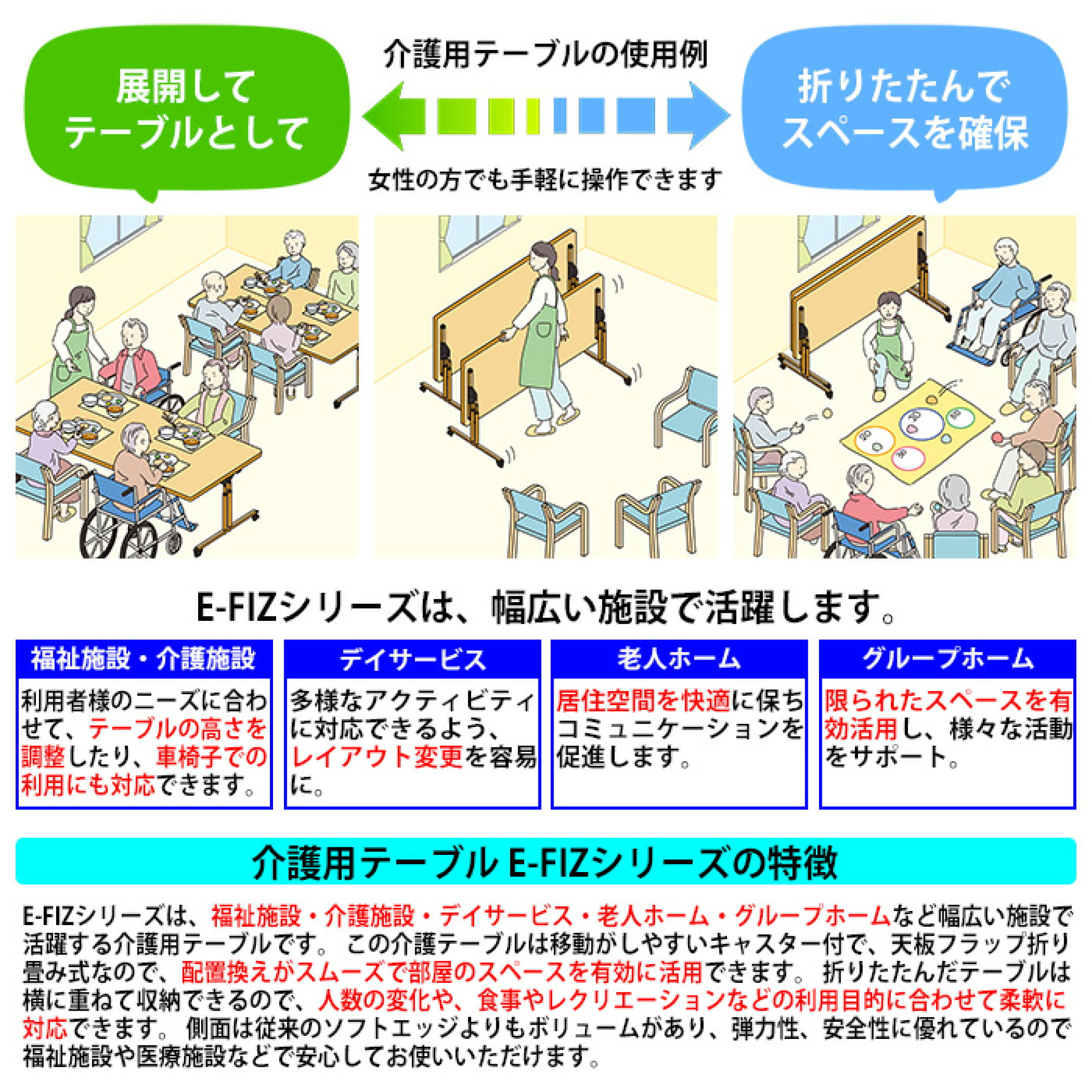 折りたたみとキャスターでデイサービスの介護がしやすい