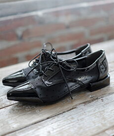 【15日0時〜週末限定★10％OFFクーポン】パンプス シューズ レディース シースルー ドット レースアップシューズ ラウンドトゥ ローヒール 通勤 オフィス マニッシュ シンプル 履きやすい 歩きやすい 黒 ブラック 春 靴