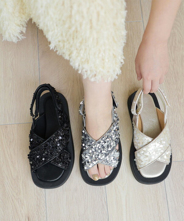 楽天市場】サンダル レディース スパンコール クロスベルト 軽量 厚底  