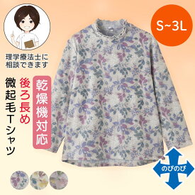 乾燥機対応 後ろ長め微起毛Tシャツ [S M-L LL 3L] 乾燥機対応OK シニア レディース ファッション 高齢者 婦人服 長袖 トップス シニアファッション 秋物 冬物 秋冬 カットソー のびのび 大きいサイズ 小さいサイズ 花柄 フリルネック メロウフ プレゼント 入院 入所 介護