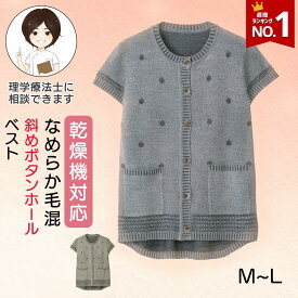 乾燥機対応 なめらか毛混斜め釦ホールニットベスト（婦人） [M-L] 乾燥機OK シニア レディース ファッション 高齢者 婦人服 トップス シニアファッション 秋物 冬物 秋冬 後ろ長め 水玉柄 ボーダー柄 プレゼント 入院 入所 介護 敬老の日