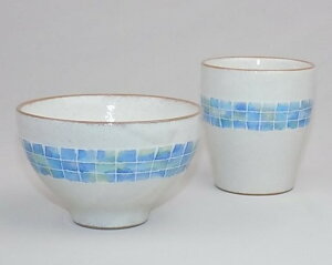 【ギフト/贈答品】【丹山窯】 粉引モザイク ブルー 飯碗/湯呑*飯碗か湯呑のいずれかをお選び下さい。