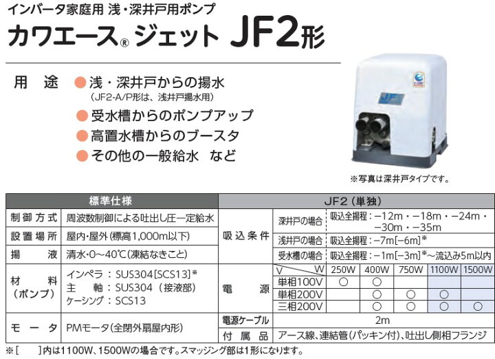 楽天市場】[JF2-750]川本ポンプ JF2形 浅・深井戸用カワエースジェット 