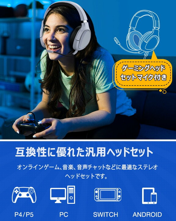 楽天市場 Beboncool Ps4 ゲーミングヘッドセット Switch Ps5 Xbox One Pc対応 ステレオ ヘッドホン ゲーム ゲーミング ヘッドセット マイク 付き ボイスチャット オンラインゲーム ビデオ会議 音声チャット 在宅勤務 プレゼント ギフト 1年保証 青雲白猫