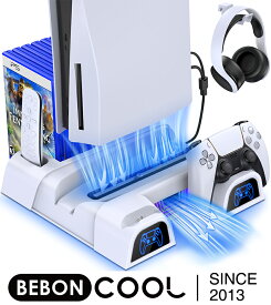 【1つ買うと1つ送ります】BEBONCOOL ps5 スタンド 縦置き ps5 充電スタンド 冷却ファン コントローラー 充電器 2台同時充電 多機能 収納 静音 プレイステーション5 冷却スタンド PS5ディスク-デジタル兼用 ソフト収納
