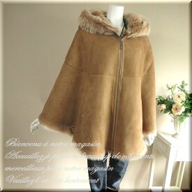 ムートン コート ムートンコート ファー 毛皮 ジャケット mouton coat 091052◆イタリア産Wフェイスフロントジップ フーディー ムートン ポンチョ キャメル / ムートン ポンチョ コート ファー フード ムートンポンチョ ファーコート レディース 女性用 大きいサイズ