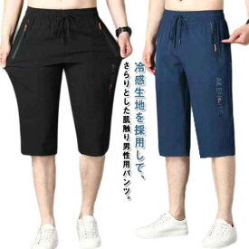 2枚セット 冷感パンツ メンズ 接触冷感 ハーフパンツ ひざ下 クロップドパンツ 七分丈 夏 ひんやり パンツ チノパン イージーパンツ アイスシルク 涼感 涼しい ストレッチ 吸汗速乾 カジュアルパンツ 大きいサイズ スポーツ 無地 ゴルフパンツ 夏服 アウトドア キャンプ