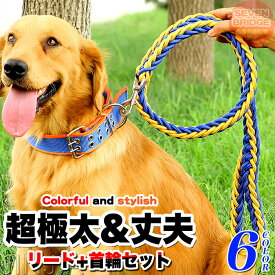 犬 首輪 極太 リード 首輪 2点セット 頑丈 首や喉に優しい ペット ドッグ チョーカー 編込み 大型犬 中型犬 小型犬 h0609