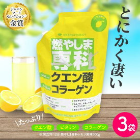 燃やしま専科 レモン風味 500g入 3袋セット 今話題のクエン酸 コラーゲン など栄養成分を詰め込んだ美味しいスポーツドリンク！エナジークエスト もやしませんか 最安値 パウチ 国産 栄養ドリンク 美容健康飲料 水分補給 栄養補給 粉末清涼飲料 健康ドリンク マルチビタミン