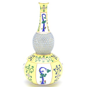 ヘレンド 西安の黄 瓢箪形花瓶(S) 透かし彫り 磁器製 飾り壺 ハンドメイド 手描き マスターペインターのサイン入り 松竹梅文様 Herend