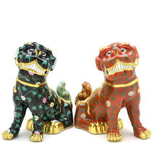 ヘレンド 狛犬(L)ペア西安の黒・ 西安の赤こまいぬ 手描き フィギュリン 磁器製シノワズリ 置物 飾り物 ハンガリー製 Herend