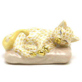 ヘレンドVHJ(ビューヘレンド・黄色の鱗模様)(15709)枕の上で眠る猫(金彩仕上げ)動物置物・飾り物 オーナメントHEREND ハンガリー 陶磁器