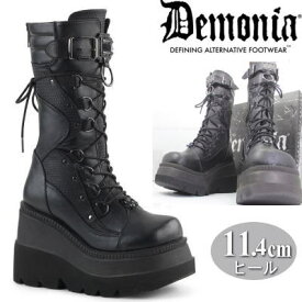 Demonia デモニア 厚底 ブーツ 黒 超厚底 ロングブーツ 12cm ヒール 人気 パンク ロック ロリータ ゴシック ゴス ゴスロリ レディース ファッション シューズ 靴 ごつい ゴツめ V系 サイバー 原宿系 公式 正規店