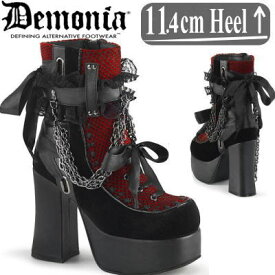 Demonia デモニア 厚底 ブーツ 黒/赤 ショートブーツ 12cm レディース ファッション シューズ 靴 人気 パンク ロック ロリータ ゴシック ゴス ゴスロリ ごつい ゴツめ V系 サイバー 原宿系 量産型 地雷系 参戦服 CHA110/BVL-RBVEL 公式 正規店