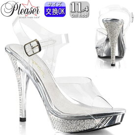 プリーザー ヒール Pleaser クリアサンダル クリアヒール 11cm〜12cm(実寸11.4cm) コンテスト用 コンテストヒール 厚底 前厚 メタリック クローム ストラップ 履ける ガラスの靴 ミスコン ステージ キャバ 公式 正規品 ELEG408 C SCH 【即納】