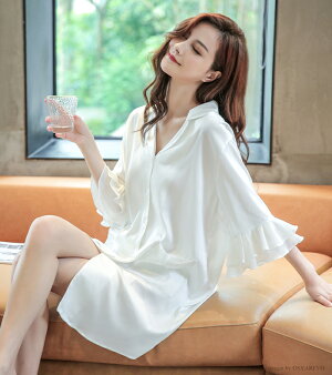 楽天市場 パジャマ 前開き ワンピース レディース ルームウェア 可愛い 5分袖 冬 春 秋 夏 フリル袖 シャツワンピース 白 ナイトウェア トップス ホワイト 部屋着 ルームウエア ナイトウエア おしゃれ かわいい Sexyqueen セクシークイーン