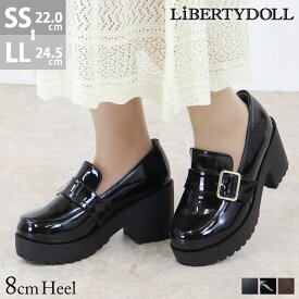 ローファー レディース 厚底 大きいサイズ ベルト バックル 身長アップ 軽量 歩きやすい 7.5cmヒール 黒 合成皮革 PUレザー ラウンドトゥ ブラック ユニセックス No.3055M 25.5-27.5cm リバティードール