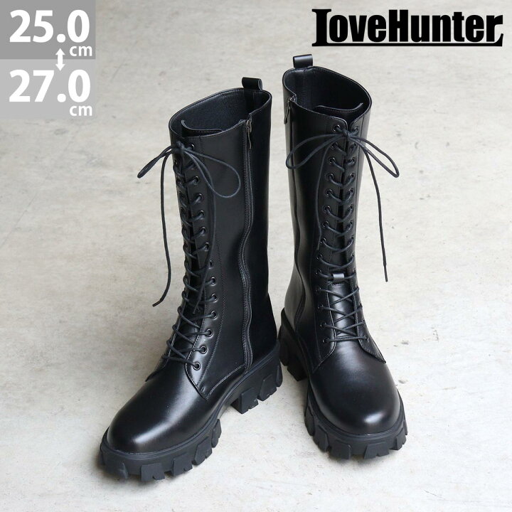楽天市場 ブーツ メンズ ロング 厚底 5cmヒール サイドジップ レースアップ タンクソール 14ホール 編み上げ ヒールブーツ レザー 合成皮革 No 1721 25 0 27 0cm 黒 ブラック Lovehunter ラブハンター ｓｆｗ