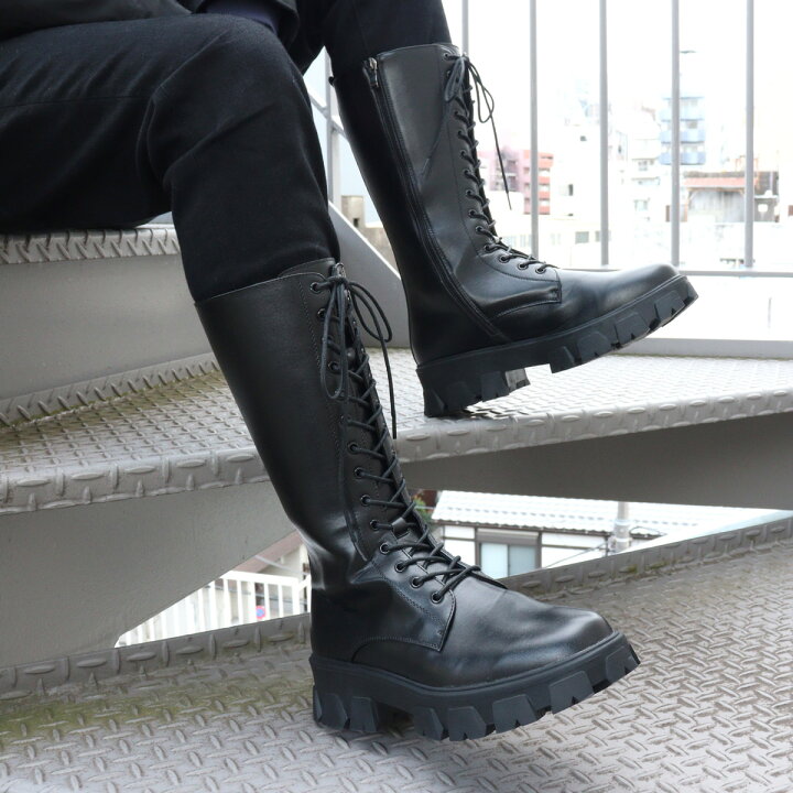 楽天市場 ブーツ メンズ ロング 厚底 5cmヒール サイドジップ レースアップ タンクソール 14ホール 編み上げ ヒールブーツ レザー 合成皮革 No 1721 25 0 27 0cm 黒 ブラック Lovehunter ラブハンター ｓｆｗ