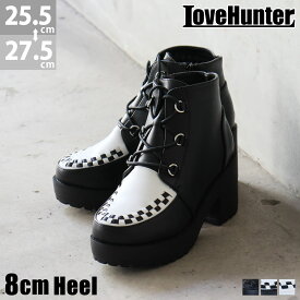 ブーツ レディース 厚底 ラバーソール 大きいサイズ ショート 編み込み Uチップ 7.5cmヒール サイドジップ ラウンドトゥ レースアップ PUレザー 合成皮革 V系 ロック パンク No.1640M 25.5-27.5cm 黒 ブラック ラブハンター