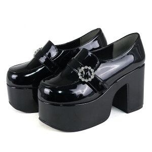 ローファー レディース 厚底 10cmヒール ハイヒール ビジュー 飾り ストラップ 軽量 美脚 スタイルアップ ラウンドトゥ 合成皮革 レザー エナメル No.1595 22.5-24.5cm 黒 ブラック ラブハンター