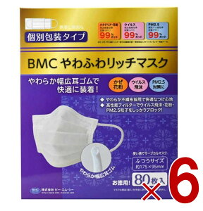 【10/25限定! 抽選で最大全額ポイントバック※要エントリー】 BMC やわふわリッチマスク ふつう 白 80枚 立体 サージカルマスク 不織布 大人用 個別包装 6個