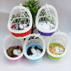 【リアルな猫のバスケット付きミニぬいぐるみ】ねこ ネコ カゴ おもちゃ 可愛い 装飾 ペットロス 子猫 かわいい リアル 本物 そっくり ペット プレゼント 縫いぐるみ ギフト 子供 誕生日 おしゃれ SH1