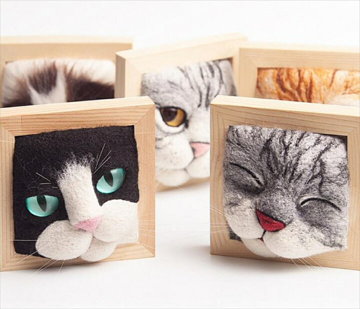 羊毛フェルト 猫のお顔 猫フレーム （本物のおヒゲや被毛も使用！猫 