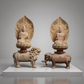 仏像 文殊菩薩、普賢菩薩 (約)高38cm×幅20cm×奥行12cm 木彫 仏具 二体セット