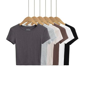 Tシャツ レディース ハイウエスト ショート丈 半袖 クルーネック リブ素材 スパイシー系 タイト フィット感 無地 春夏 トップス