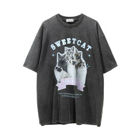 動物 小猫 印花 做旧 洗水 短袖 Tシャツ 男性 夏 休暇 ルーズ ワイド ラウンドネック トップス 街着