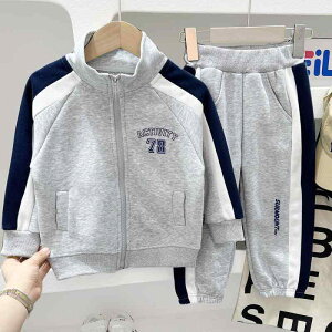 子供用セットアップ キッズ ボーイズ 男の子 秋物 ジャージ 上下セット スポーツウェア 長袖 アウター パンツ 2点セット 無地 ロゴ 普段着 グレー 紺色