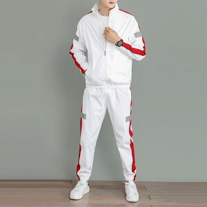 メンズ ジャージ セットアップ 上下セット スポーツウェア 男性用 長袖 Tシャツ スウェットパンツ 反射ストライプ ポリエステル カジュアル 普段使い 秋冬 ブラック ホワイト グレー