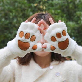 手袋 レディース 秋冬 防寒 保温 猫 半指 グローブ かわいい ふわふわ もこもこ 学生 ファッション雑貨 青色 カーキ色 黒色 米色 灰色 ブラック グレー 白色 ピンク