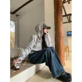 パーカー レディース 秋冬 裏起毛 スウェット ショート丈 スリム 灰色 無地 フード付き ジップアップ トップス ポケット付き ストリート カジュアル