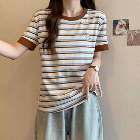 Tシャツ レディース カットソー 半袖 トップス プルオーバー クルーネック 丸首 ボーダー しましま ストライプ 配色 バイカラー レトロ カジュアル ゆるめ 部屋着 ルームウェア 薄手 サマー 涼しい コットン混
