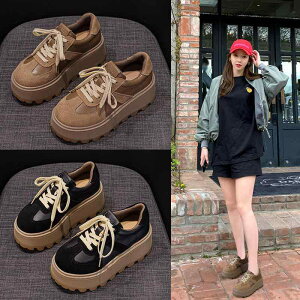 厚底シューズ レディース スニーカー スエード調 レトロ カジュアル スポーティー ラウンドトゥ ローカット 紐靴 インヒール 3cm〜5cm 普段使い 春夏秋冬 ブラウン ブラック イエロー