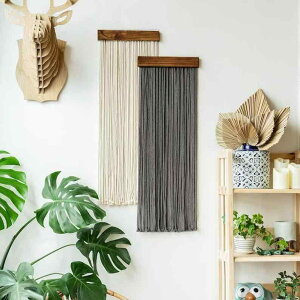 タペストリー 北欧風 壁掛け 木製 流木 マクラメ 手編み コットン 混色 格子柄 リビング 寝室