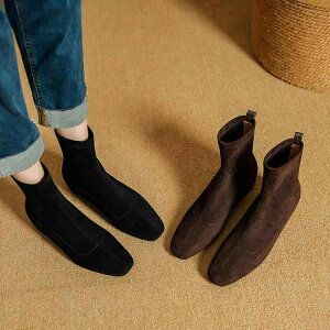 ブーツ レディース 婦人靴 ショートブーツ スエード調 ローヒール インヒール スクエアトゥ 伸縮性 ストレッチ 履きやすい 痛くない 歩きやすい スリッポン 秋冬 黒 ブラック ブラウン