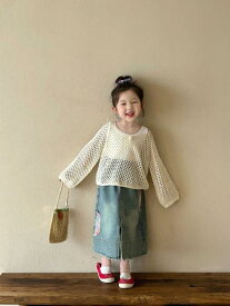 アウター 女の子 キッズ 子供服 カーディガン ボレロ 透かし編み ダメージ加工 ニット トップス トップス 羽織り ラウンドネック クルーネック 長袖 薄手 シースルー 透け感 かわいい カジュアル おしゃれ 春秋物 ホワイト ベージュ